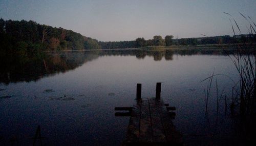 Scenic view of lake against sky at sunset