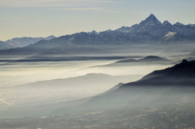 Scenic view of snowcapped mountains against sky