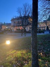 Building by bare trees against clear sky