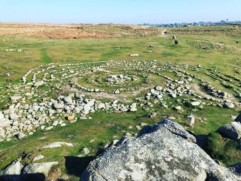 Scenic view of rocks on field against sky