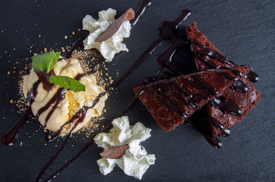 High angle view of chocolate cake served on table