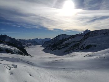 Scenic view of snow covered mountains against sky