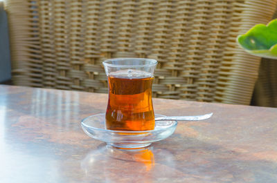 Close-up of tea in glass on table