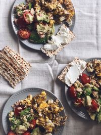 High angle view of food in bowls on table