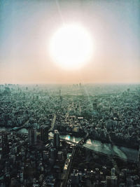 High angle view of modern buildings against sky in city