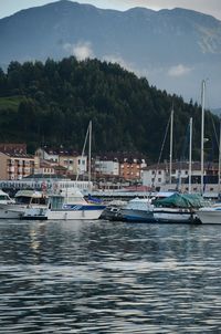 Boats moored at harbor against sky