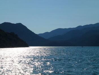 Scenic view of sea and mountains against clear sky