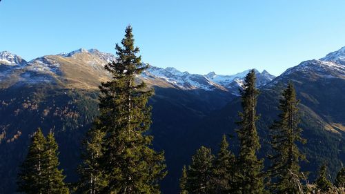 Scenic view of snowcapped mountains against clear sky