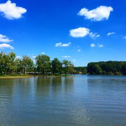 Scenic shot of calm countryside lake against blue sky