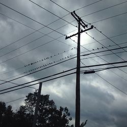 Low angle view of electricity pylon against cloudy sky