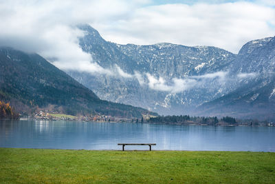 Scenic view of lake by mountains against sky