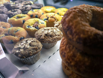 High angle view of fresh cupcakes at bakery