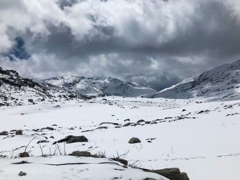 Scenic view of snow covered mountains against sky