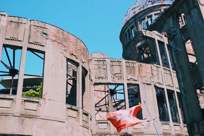 Low angle view of old building against clear blue sky