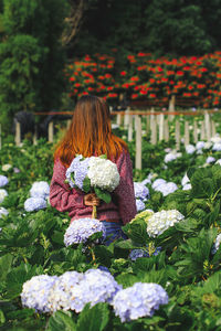 Midsection of woman with pink flowering plants