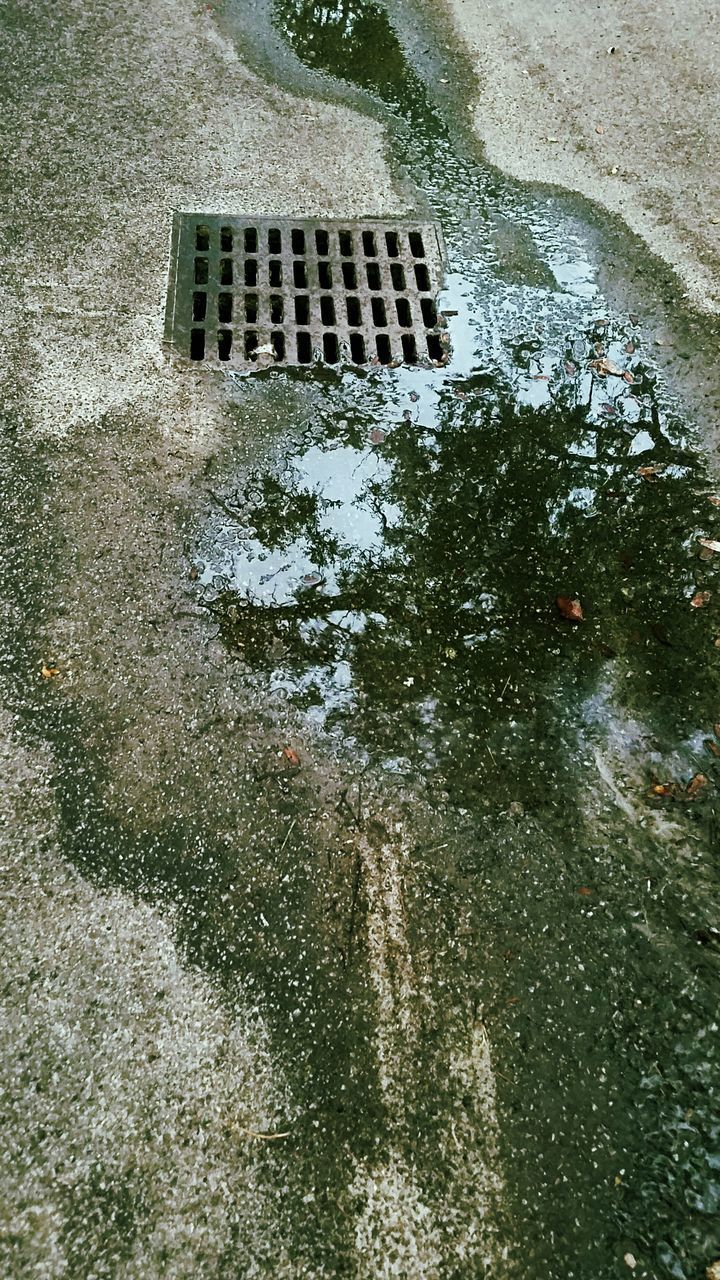 HIGH ANGLE VIEW OF PUDDLE ON ROAD BY STREET