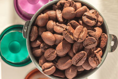 High angle view of coffee in container on table