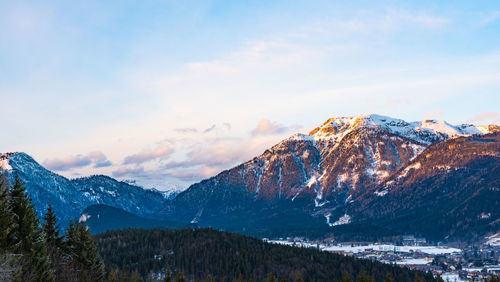 Scenic view of snowcapped mountains against sky