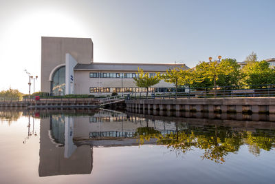 Reflection of building in lake against clear sky