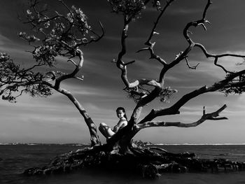 Scenic view of beautiful woman sitting on tree against sea