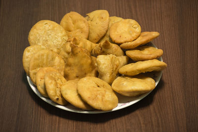 High angle view of bread in plate on table