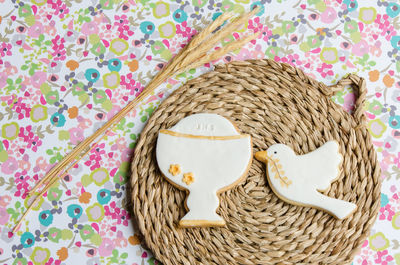 High angle view of cookies on straw placemat