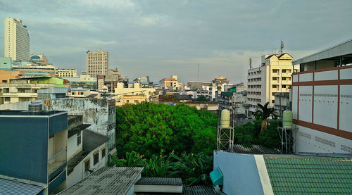 High angle view of buildings against sky