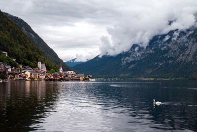 Scenic view of lake by mountains against sky