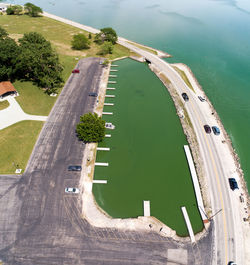 Aerial view of lake by sea