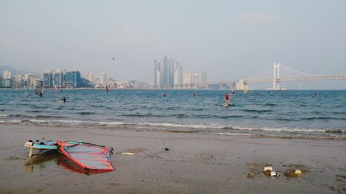 Boat moored on beach