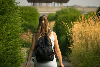 Rear view of woman walking amidst plants