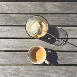 High angle view of coffee ice cream served on table