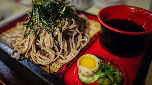 High angle view of soba noodles in plate