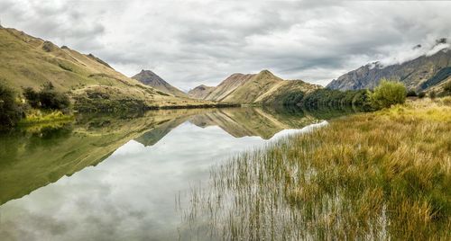 Scenic view of lake and mountains against sky