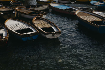 High angle view of boats moored in lake