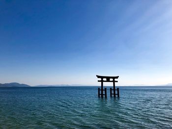 Scenic view of sea against clear blue sky