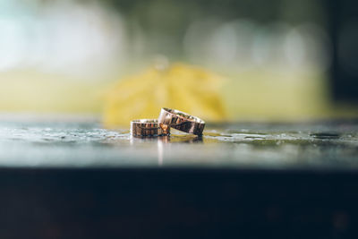 Close-up of rings on table