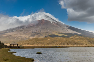 Scenic view of lake against cloudy sky