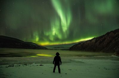 Rear view of man standing on landscape against sky at night