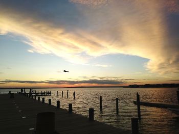 Silhouette of pier on sea during sunset