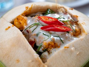 Close-up of food served on table