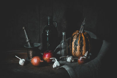 Close-up of fruits and vegetable on table