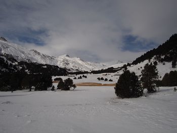 Scenic view of snow covered mountains against sky