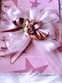 High angle view of pink flower on table