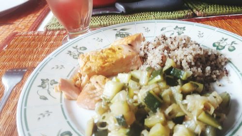 Close-up of served food on table