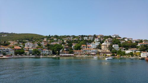 Townscape by sea against sky in town