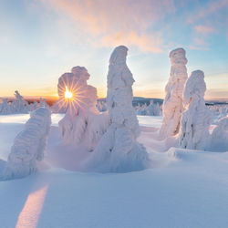 Snow covered land against sky during sunset