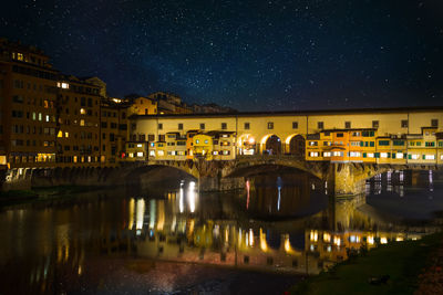 Illuminated bridge over river by buildings against sky at night