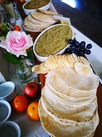 High angle view of fruits in bowl on table