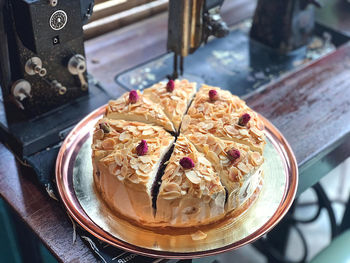 High angle view of dessert in plate on table